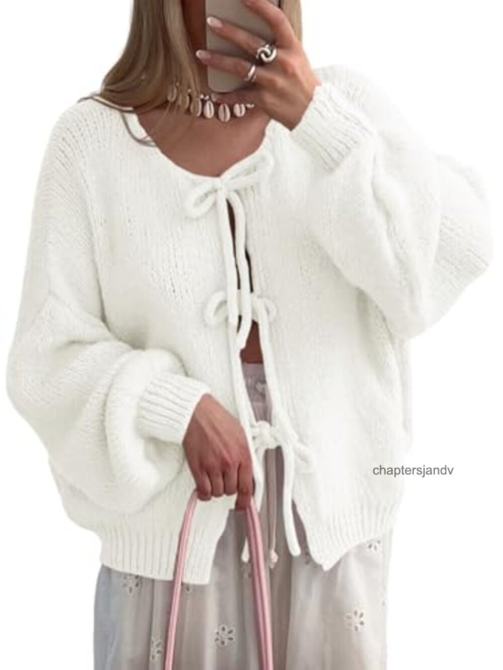 Womens Tie Front Cardigan Oversized Bow Sweater Ribbed Knit